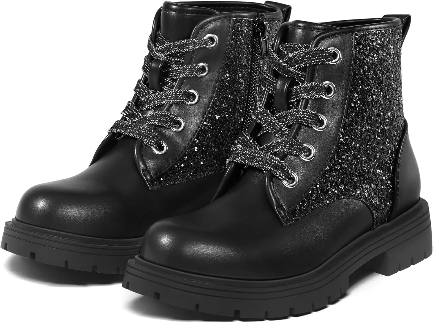 K KomForme Girls Glitter Ankle Boots Lace Up Waterproof Combat Shoes With Side Zipper for Toddler/Little Kid/Big Kid