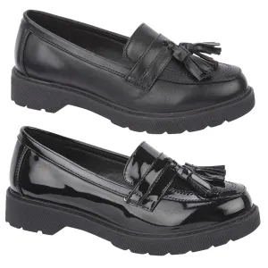 Kingston Girls Ladies Loafers Black Faux Patent Leather Loafers Tassels Slip On Shoes Sizes