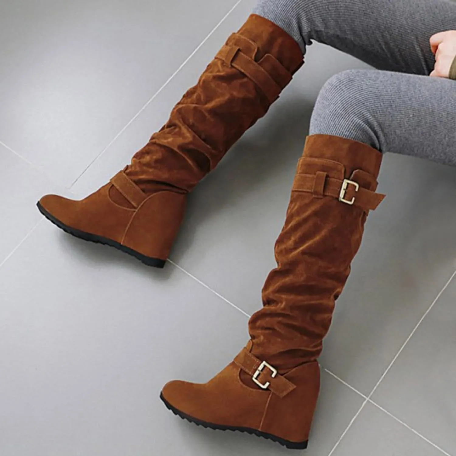 Knee High Boots Women Thigh High Boots Ladies Fashion Suede Belt Buckle With Elevated Wedge Heel Round Toe Long Boots