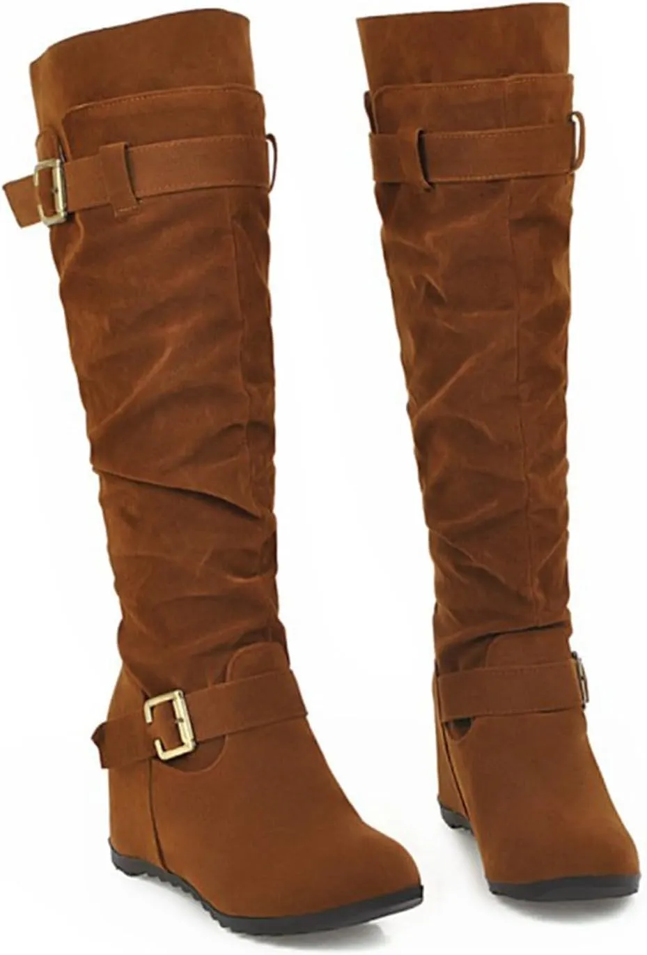 Knee High Boots Women Thigh High Boots Ladies Fashion Suede Belt Buckle With Elevated Wedge Heel Round Toe Long Boots