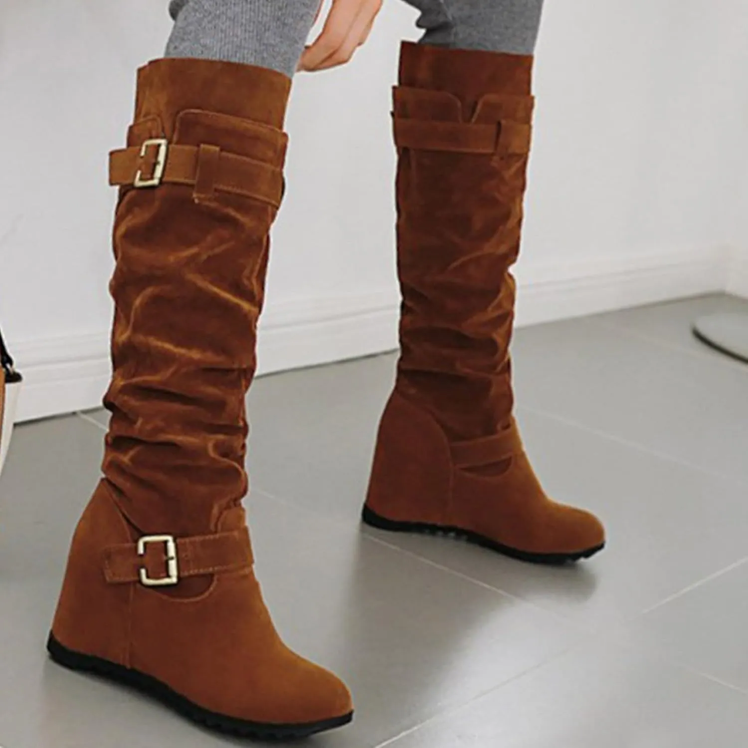 Knee High Boots Women Thigh High Boots Ladies Fashion Suede Belt Buckle With Elevated Wedge Heel Round Toe Long Boots