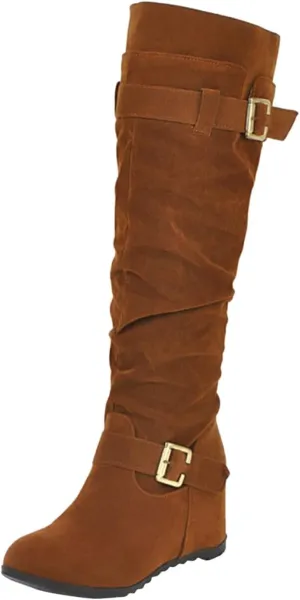 Knee High Boots Women Thigh High Boots Ladies Fashion Suede Belt Buckle With Elevated Wedge Heel Round Toe Long Boots