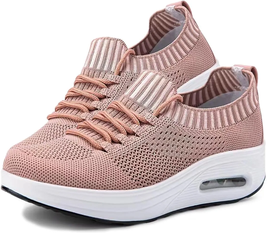 Knitted Mesh Air Cushion Walking Shoes for Womens Arch Support Breathable Platform Wedge Lace-Up Sneakers Casual Running Tennis Sneakers for Plantar Fasciitis