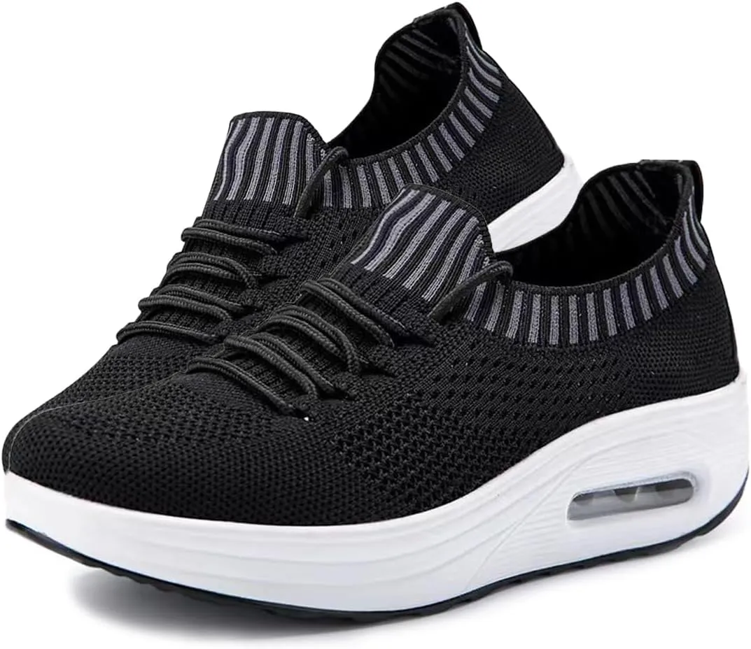 Knitted Mesh Air Cushion Walking Shoes for Womens Arch Support Breathable Platform Wedge Lace-Up Sneakers Casual Running Tennis Sneakers for Plantar Fasciitis