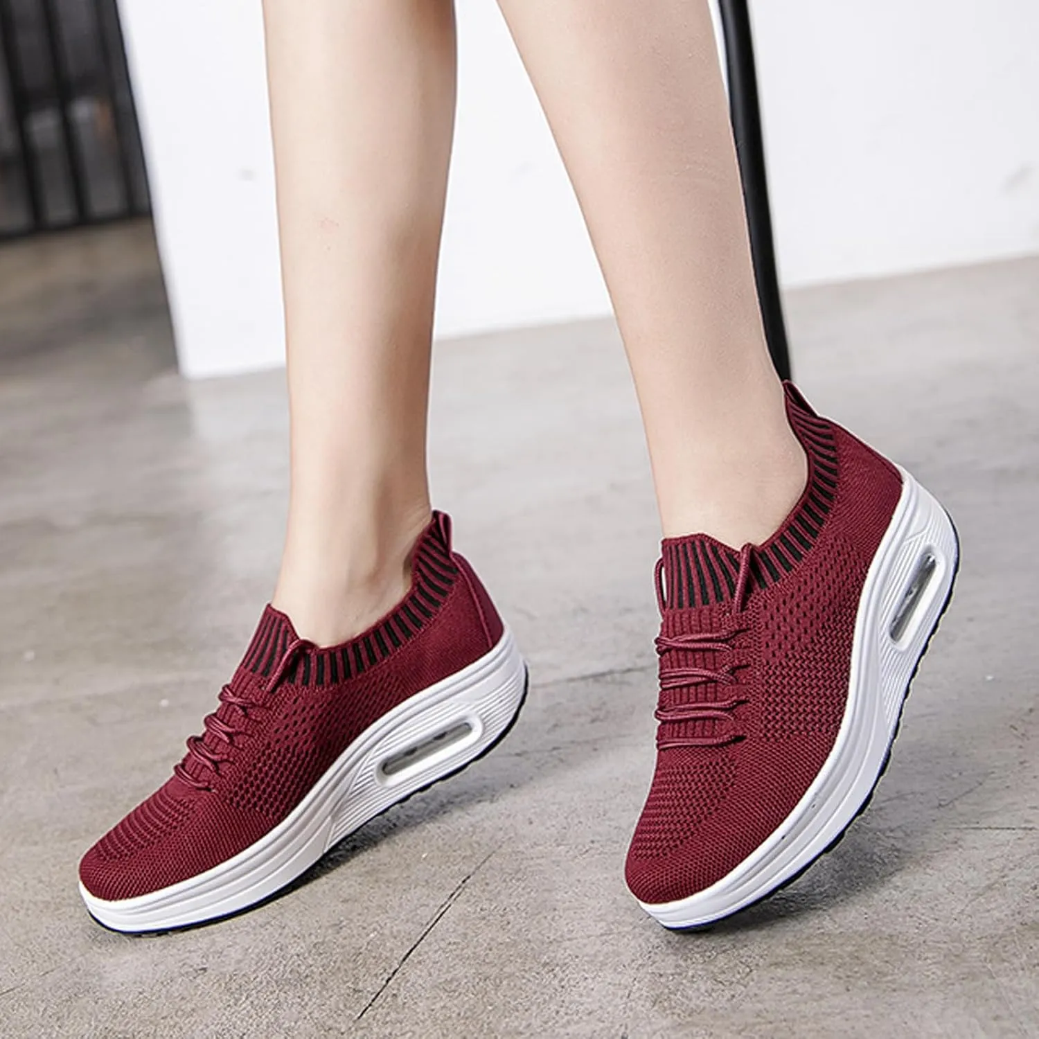 Knitted Mesh Air Cushion Walking Shoes for Womens Arch Support Breathable Platform Wedge Lace-Up Sneakers Casual Running Tennis Sneakers for Plantar Fasciitis