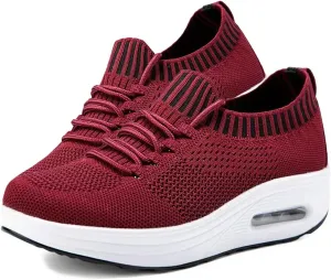 Knitted Mesh Air Cushion Walking Shoes for Womens Arch Support Breathable Platform Wedge Lace-Up Sneakers Casual Running Tennis Sneakers for Plantar Fasciitis