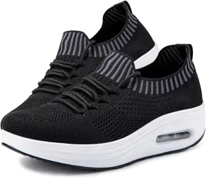 Knitted Mesh Air Cushion Walking Shoes for Womens Arch Support Breathable Platform Wedge Lace-Up Sneakers Casual Running Tennis Sneakers for Plantar Fasciitis