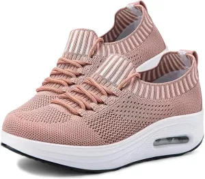Knitted Mesh Air Cushion Walking Shoes for Womens Arch Support Breathable Platform Wedge Lace-Up Sneakers Casual Running Tennis Sneakers for Plantar Fasciitis