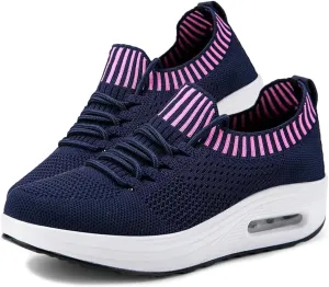 Knitted Mesh Air Cushion Walking Shoes for Womens Arch Support Breathable Platform Wedge Lace-Up Sneakers Casual Running Tennis Sneakers for Plantar Fasciitis