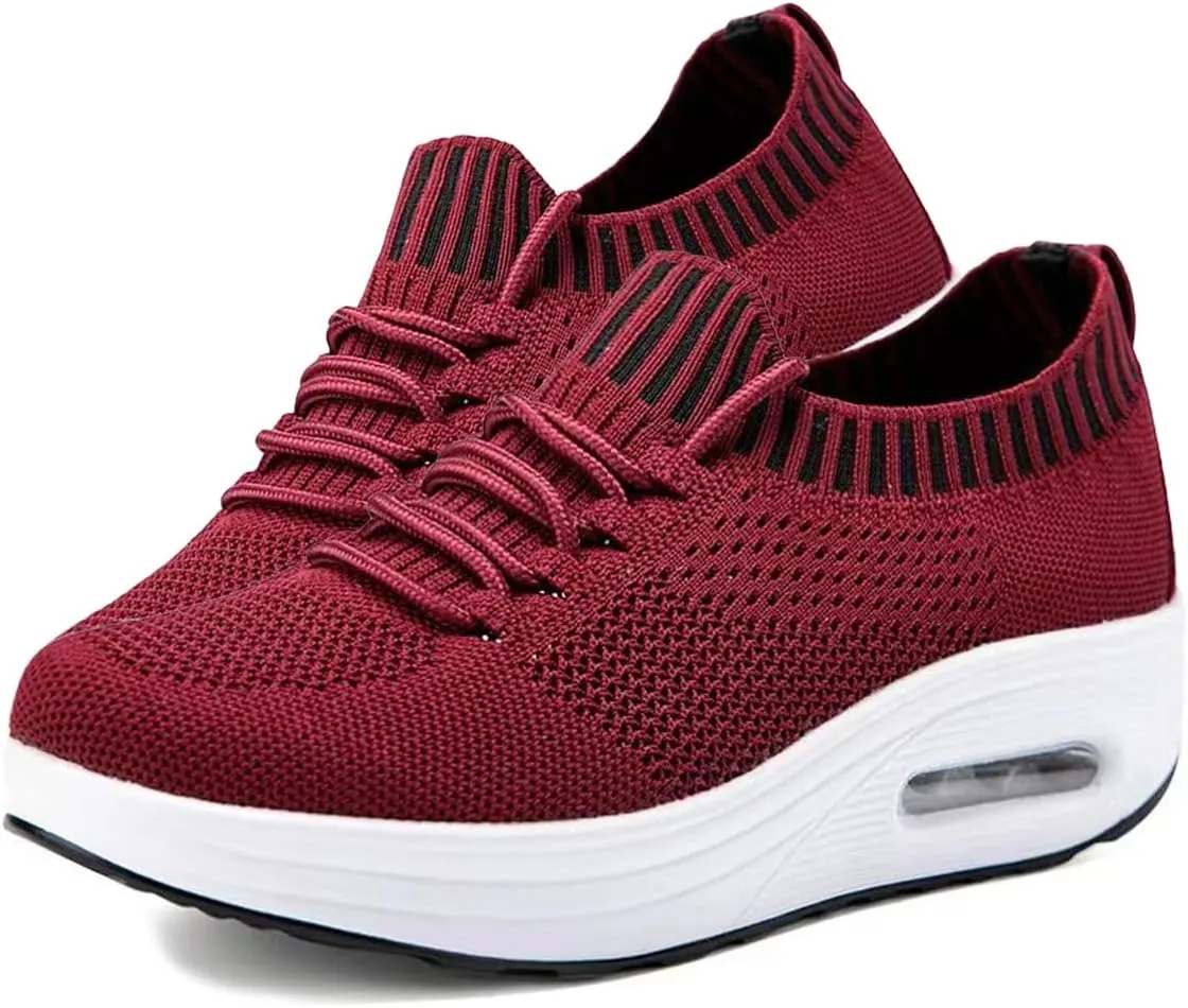 Knitted Mesh Air Cushion Walking Shoes for Womens Arch Support Breathable Platform Wedge Lace-Up Sneakers Casual Running Tennis Sneakers for Plantar Fasciitis