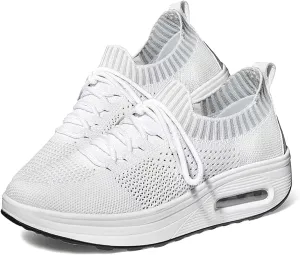 Knitted Mesh Air Cushion Walking Shoes for Womens Arch Support Breathable Platform Wedge Lace-Up Sneakers Casual Running Tennis Sneakers for Plantar Fasciitis