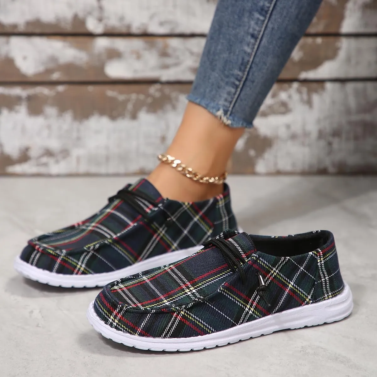 Men's & Women's Slip-On Loafers - Breathable Boat Deck Shoes with Non-Slip Sole, Comfortable Walking Shoes for Daily Outings & Retro Style (Blue Checkered)