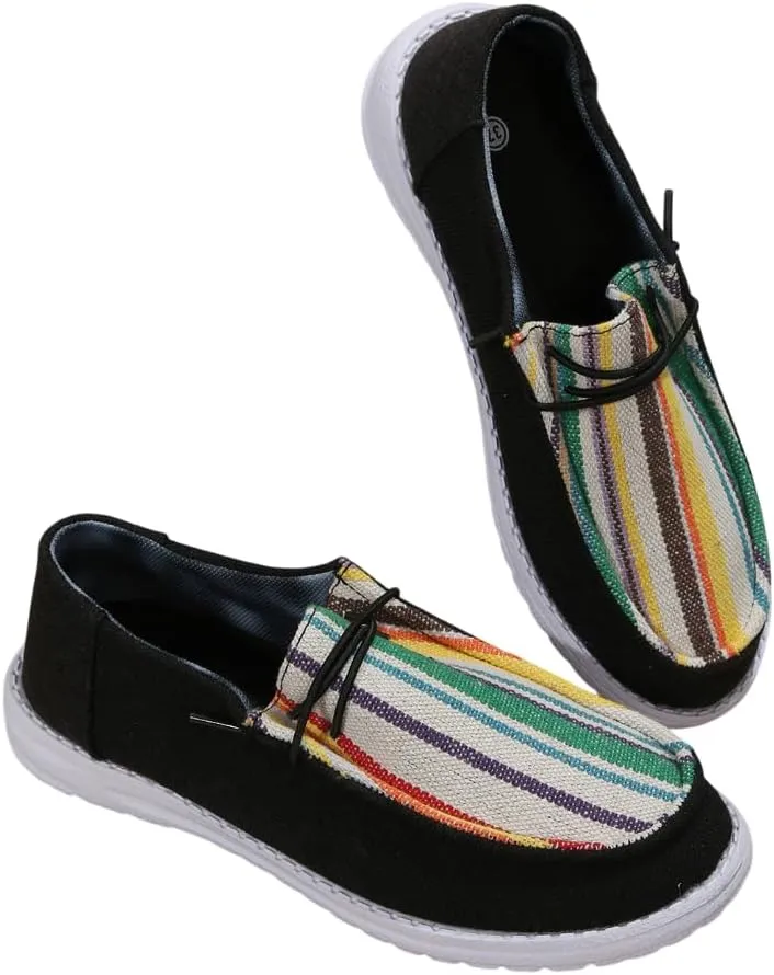 Men's & Women's Slip-On Loafers - Breathable Boat Deck Shoes with Non-Slip Sole, Comfortable Walking Shoes for Daily Outings & Vibrant Style (Black/Multi-Stripe)