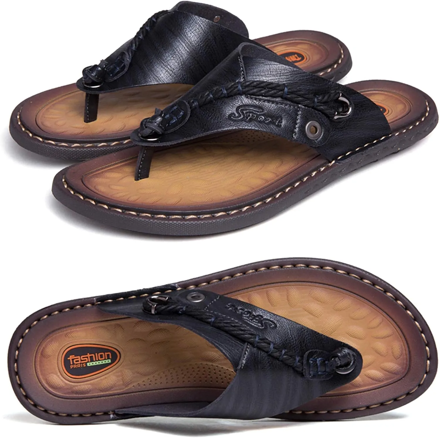 Mens Flip Flops Casual Leather Home Sandals For Mens Rubber Sole Slippers