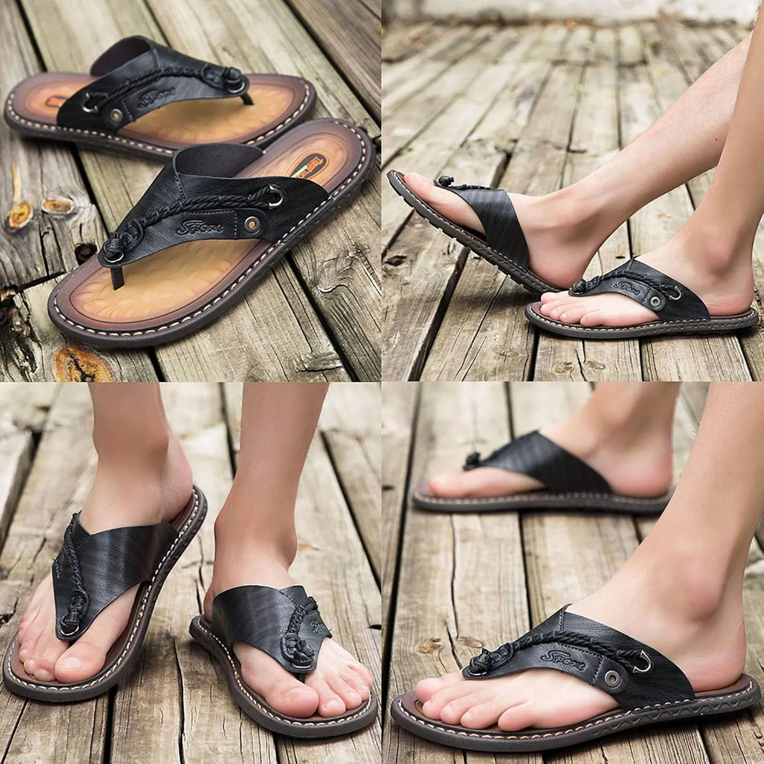 Mens Flip Flops Casual Leather Home Sandals For Mens Rubber Sole Slippers