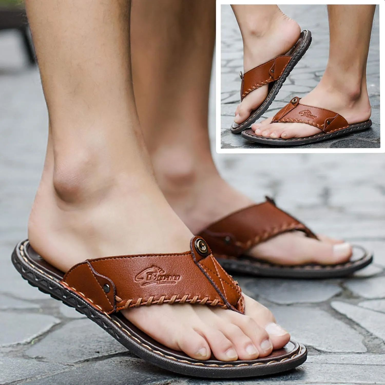 Mens Flip Flops Casual Leather Home Sandals For Mens Rubber Sole Slippers