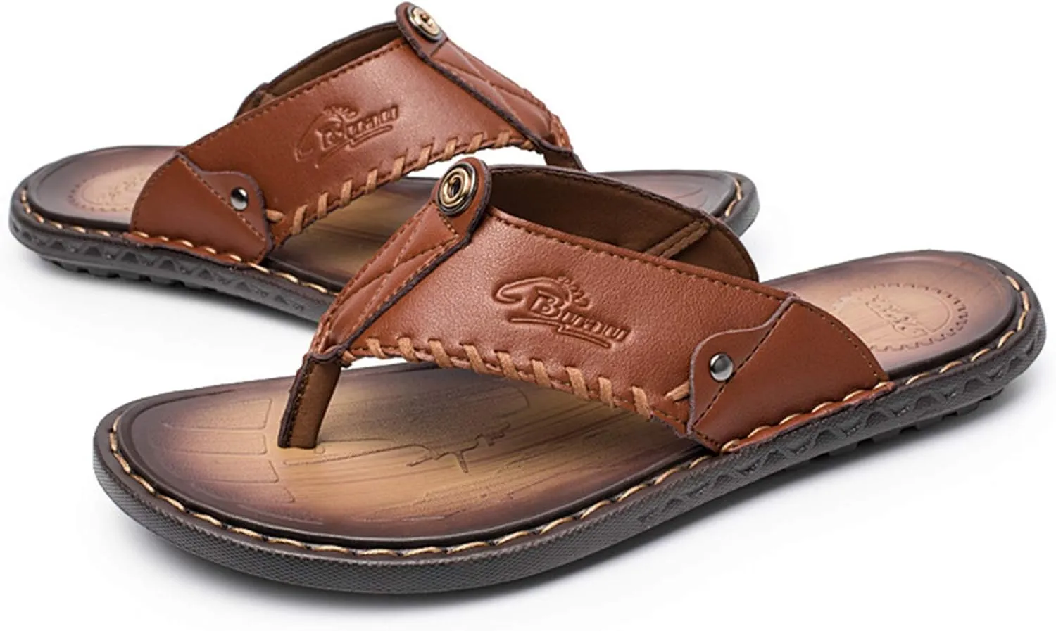 Mens Flip Flops Casual Leather Home Sandals For Mens Rubber Sole Slippers