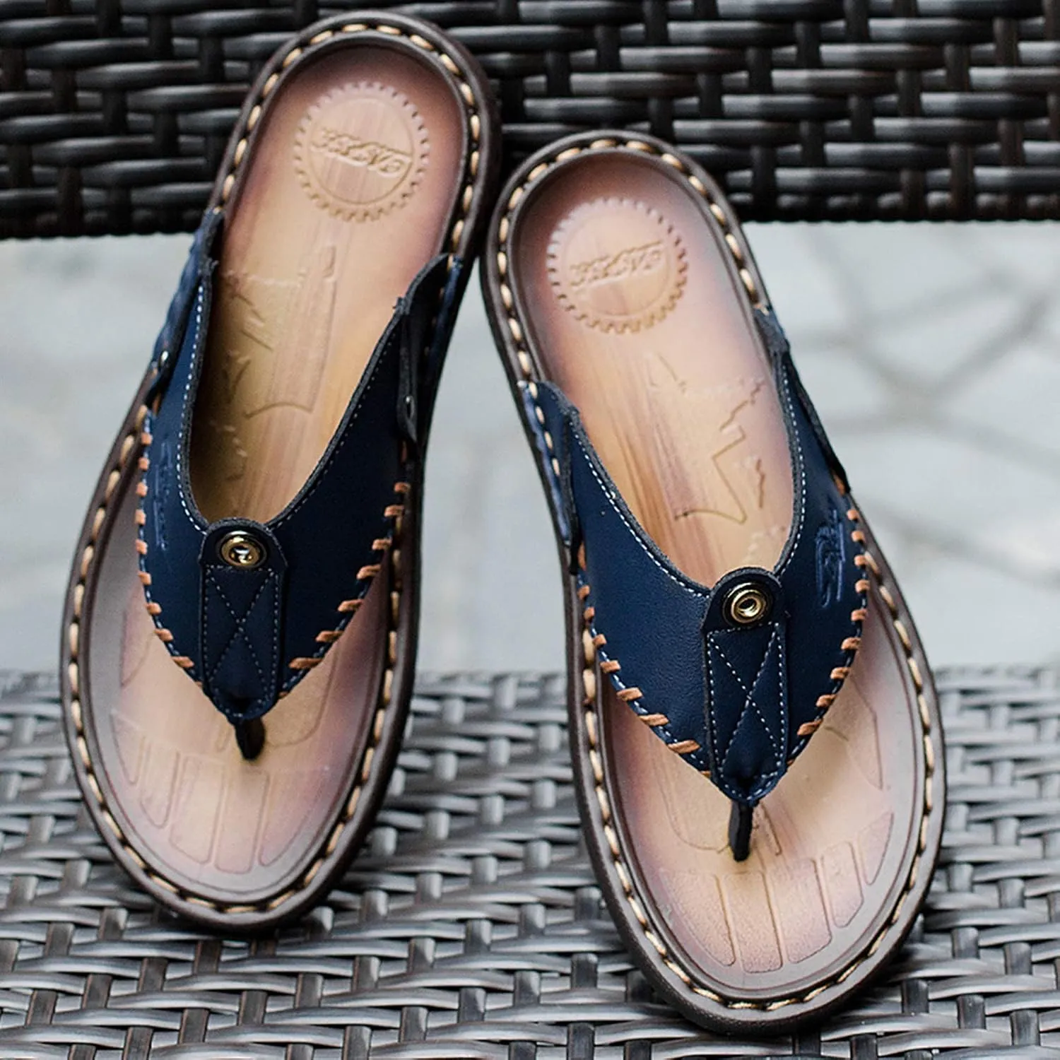 Mens Flip Flops Casual Leather Home Sandals For Mens Rubber Sole Slippers
