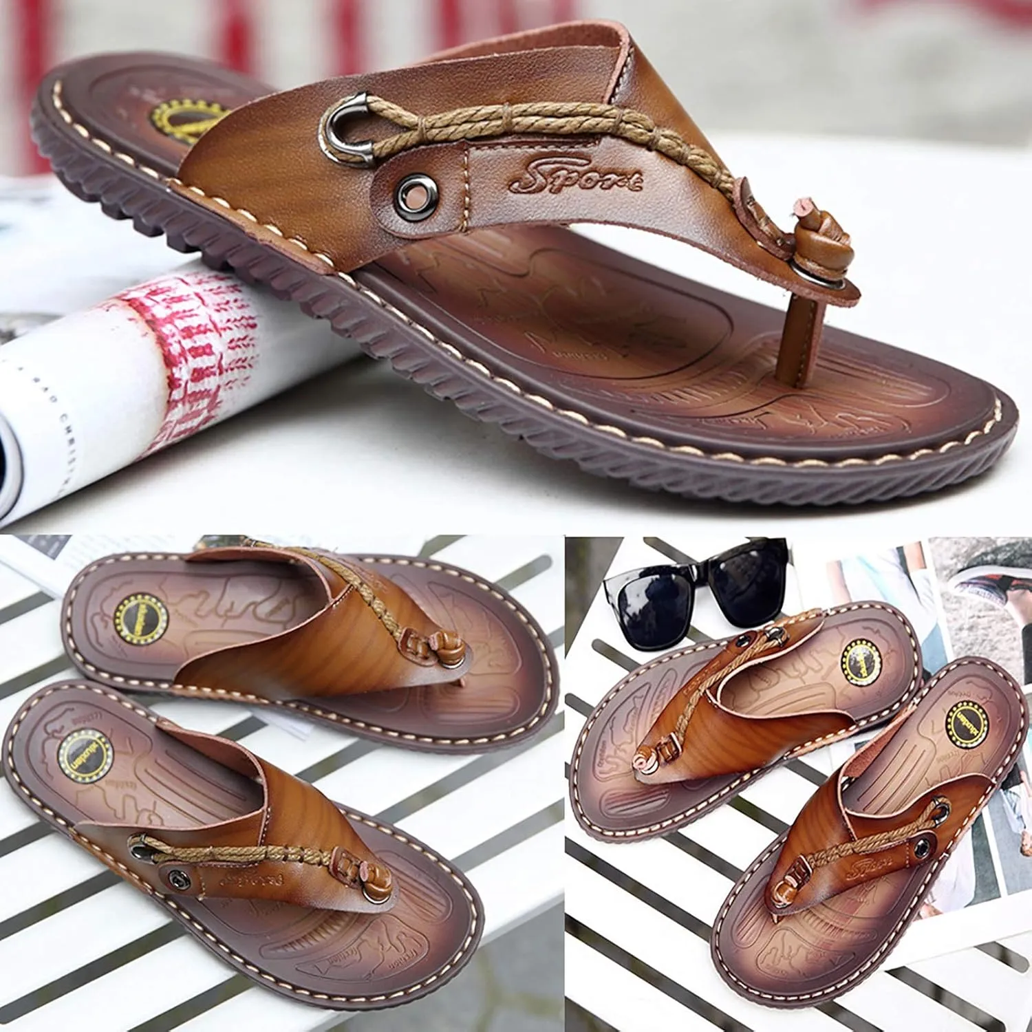 Mens Flip Flops Casual Leather Home Sandals For Mens Rubber Sole Slippers