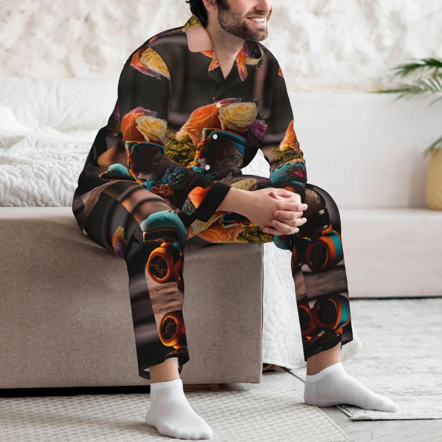 Mens Pajamas Set, Classic Floral Blue Skate Shoes Long Sleeve Soft Sleepwear Comfy Loungewear Mens Pjs Sets