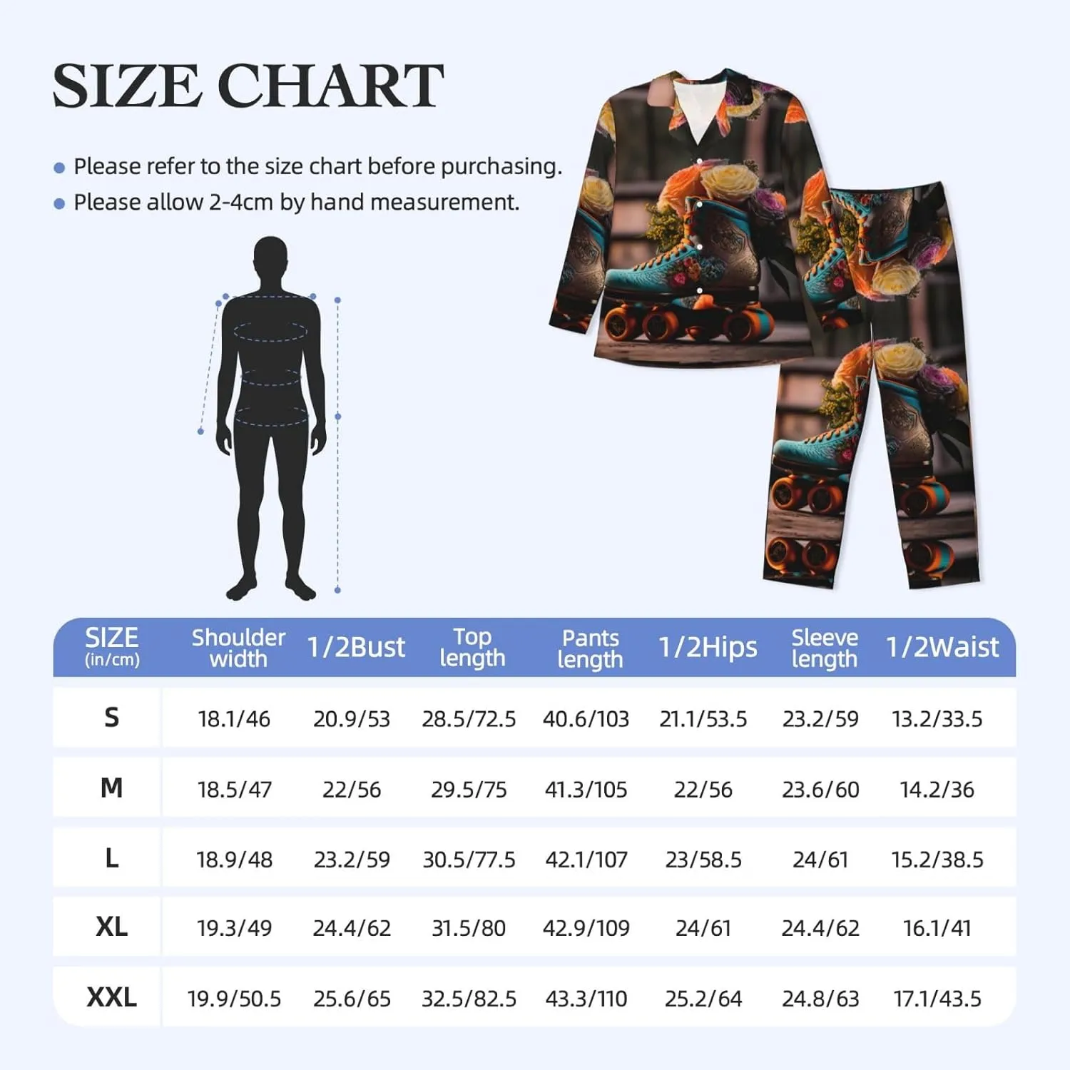 Mens Pajamas Set, Classic Floral Blue Skate Shoes Long Sleeve Soft Sleepwear Comfy Loungewear Mens Pjs Sets