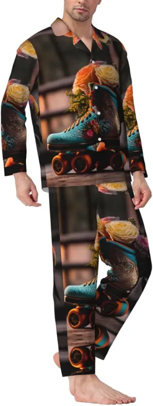Mens Pajamas Set, Classic Floral Blue Skate Shoes Long Sleeve Soft Sleepwear Comfy Loungewear Mens Pjs Sets