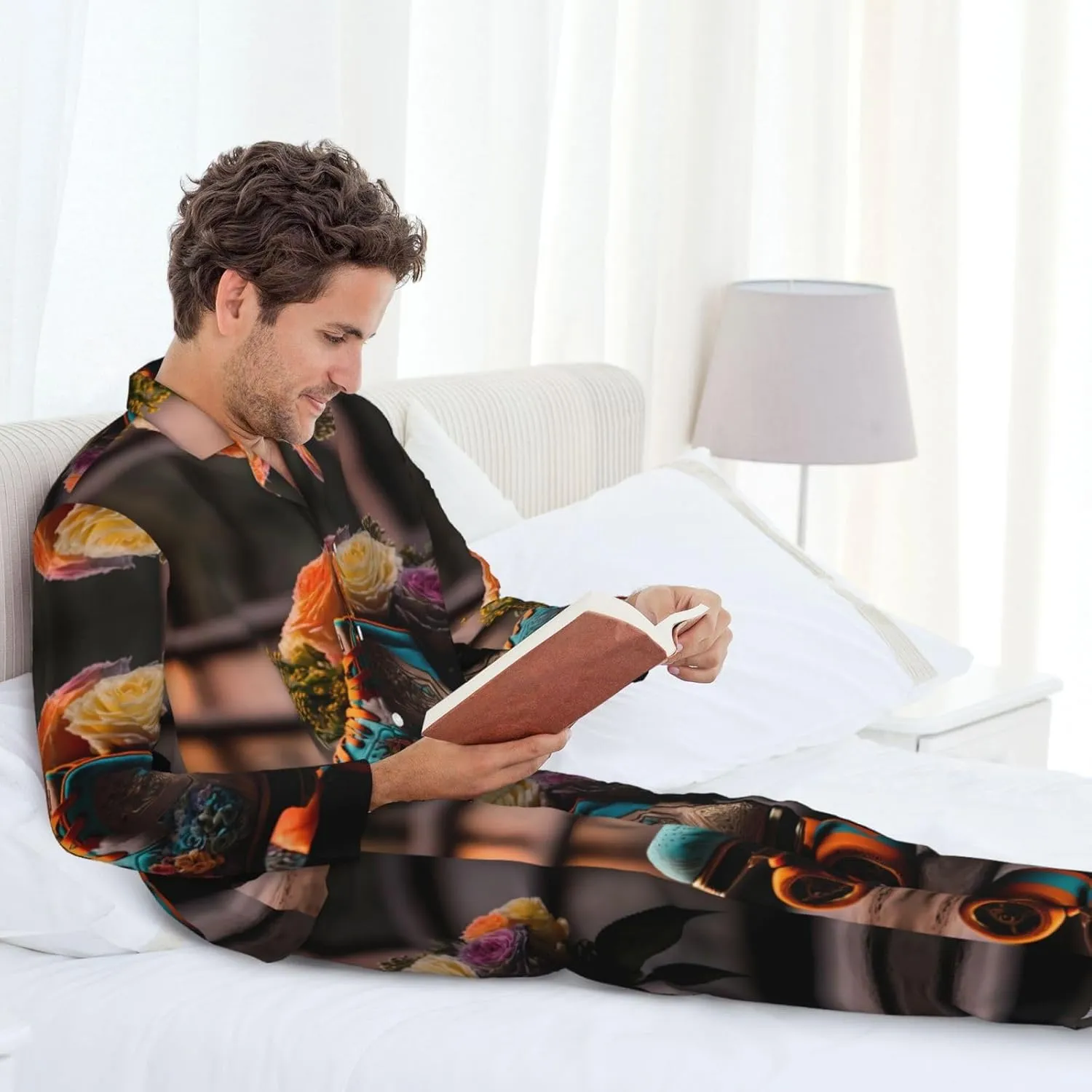 Mens Pajamas Set, Classic Floral Blue Skate Shoes Long Sleeve Soft Sleepwear Comfy Loungewear Mens Pjs Sets
