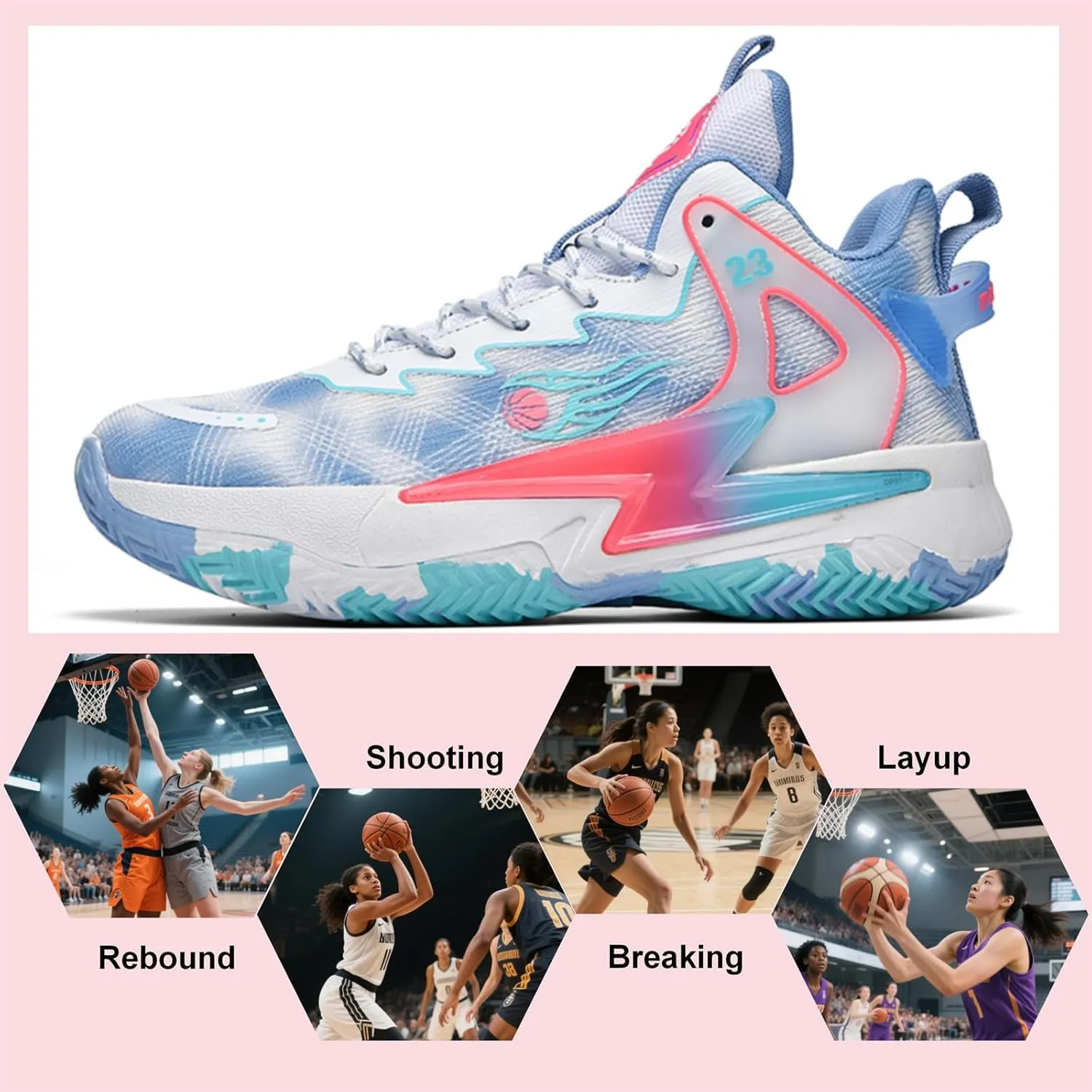Moodeng Womens Basketball Shoes Breathable Non Slip Sports Shoes Fashion Running Sneakers Supportive Athletic Gym Shoes