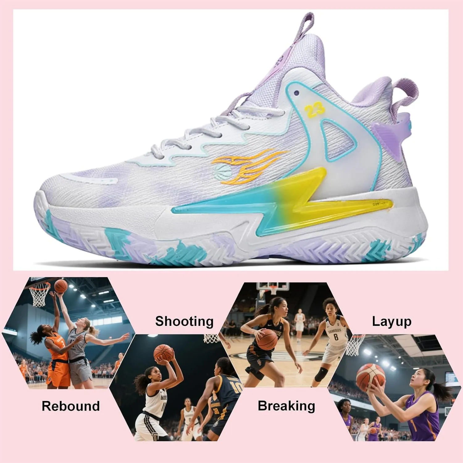 Moodeng Womens Basketball Shoes Breathable Non Slip Sports Shoes Fashion Running Sneakers Supportive Athletic Gym Shoes
