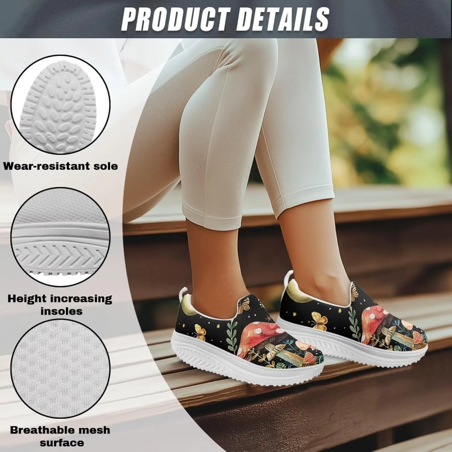 Mushroom Slip-On Sneakers Women Elastic Mesh Loafers Platform with Rocking Bottom Sole for Walking,Running
