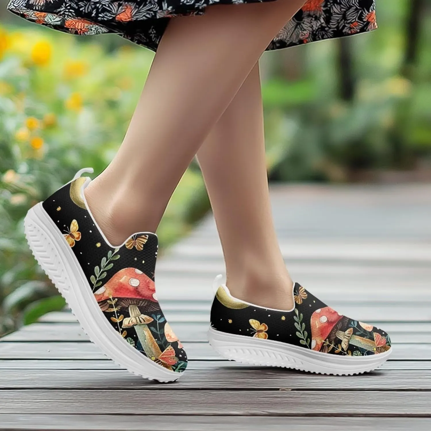 Mushroom Slip-On Sneakers Women Elastic Mesh Loafers Platform with Rocking Bottom Sole for Walking,Running