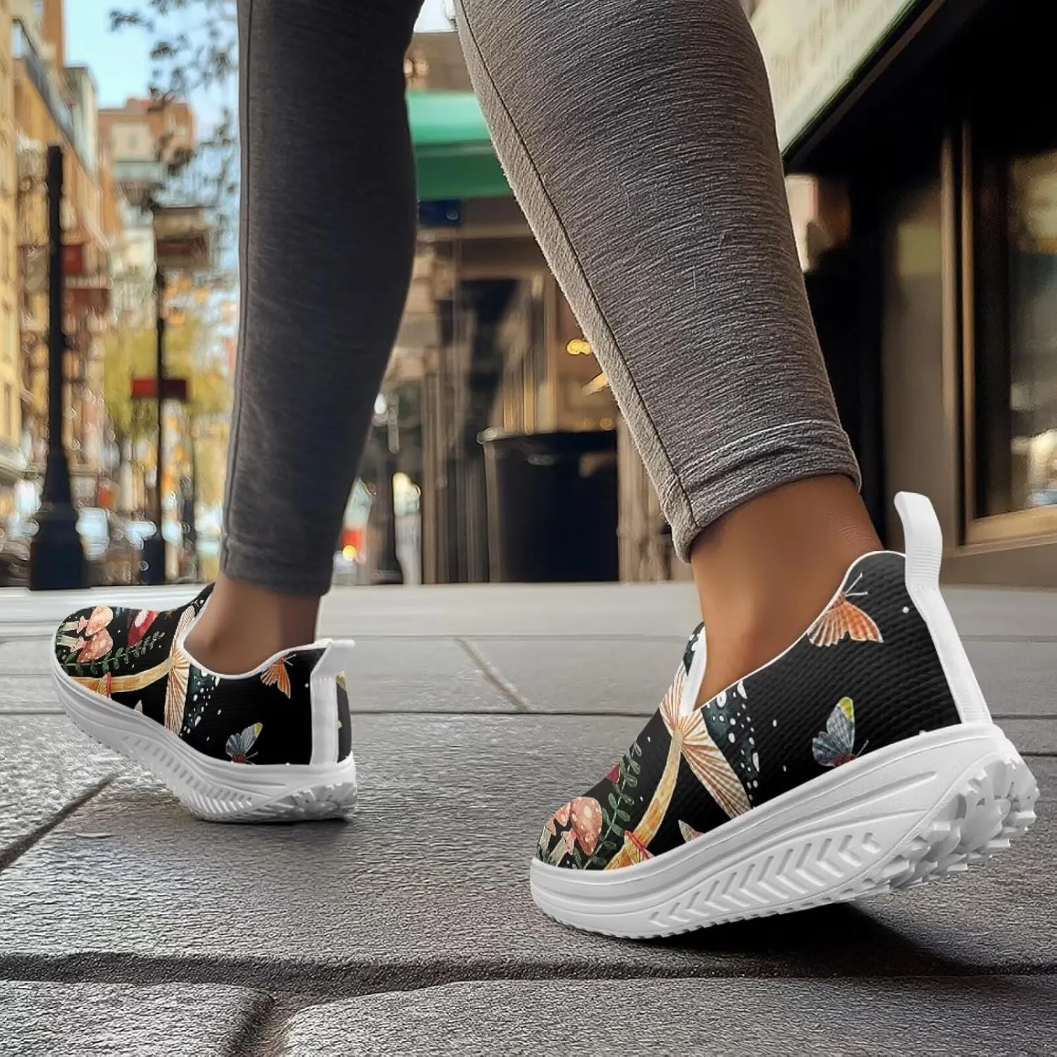 Mushroom Slip-On Sneakers Women Elastic Mesh Loafers Platform with Rocking Bottom Sole for Walking,Running