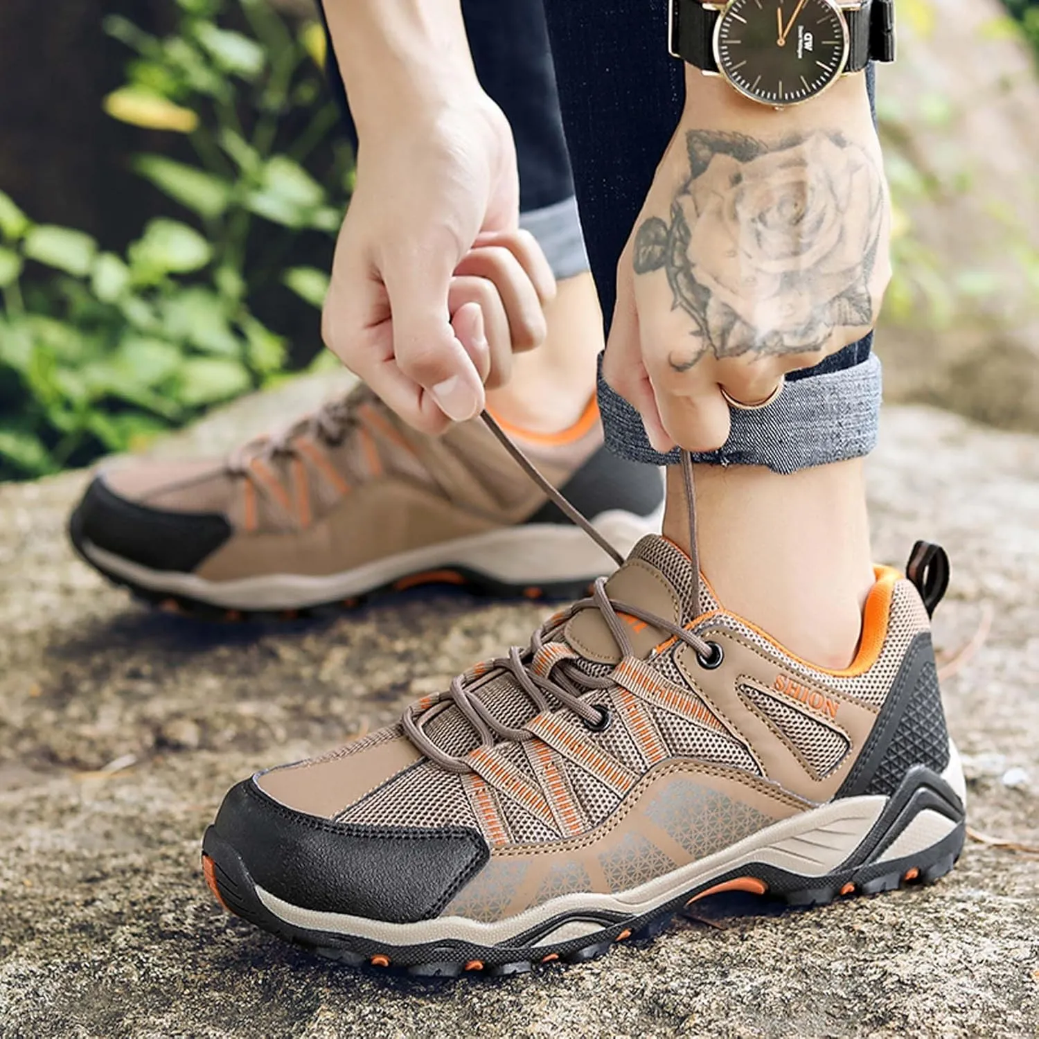 Outdoor walking boots, breathable mesh ankle shoes with rubber soles, hiking boots, anti slip hiking boots