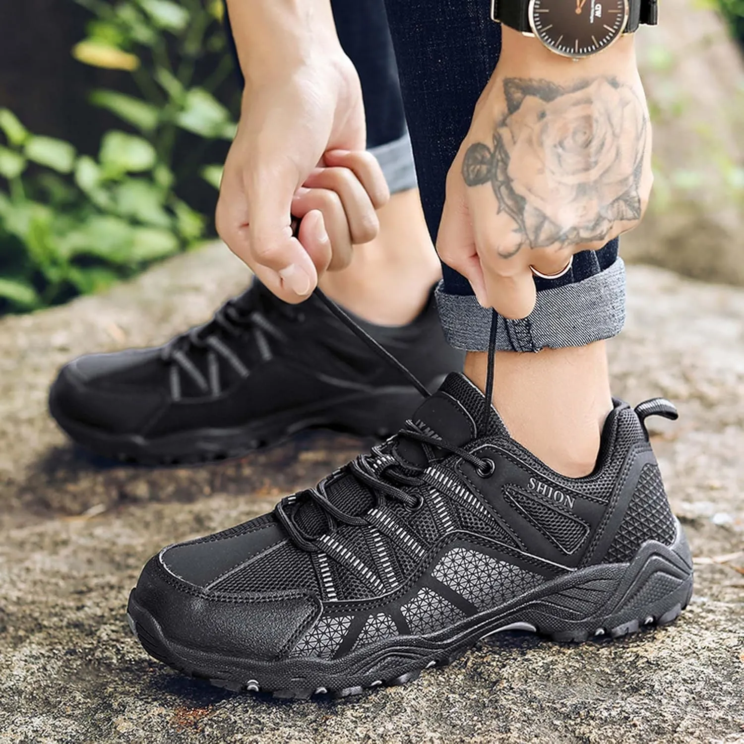 Outdoor walking boots, breathable mesh ankle shoes with rubber soles, hiking boots, anti slip hiking boots
