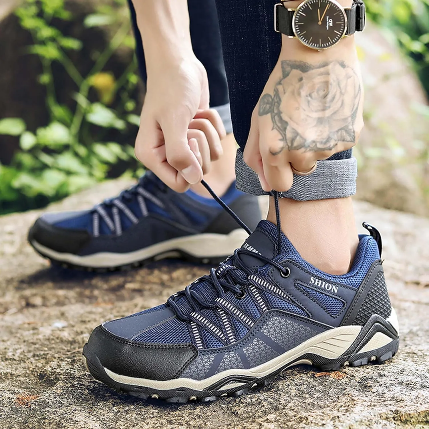 Outdoor walking boots, breathable mesh ankle shoes with rubber soles, hiking boots, anti slip hiking boots