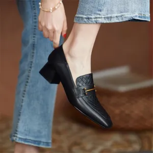 Purpdrank - Women Shoes Fashion Genuine Leather Loafers Slip-On Spring/Autumn Women's Flat Shoes Square Toe Thick Heel Handmade Size 34-40