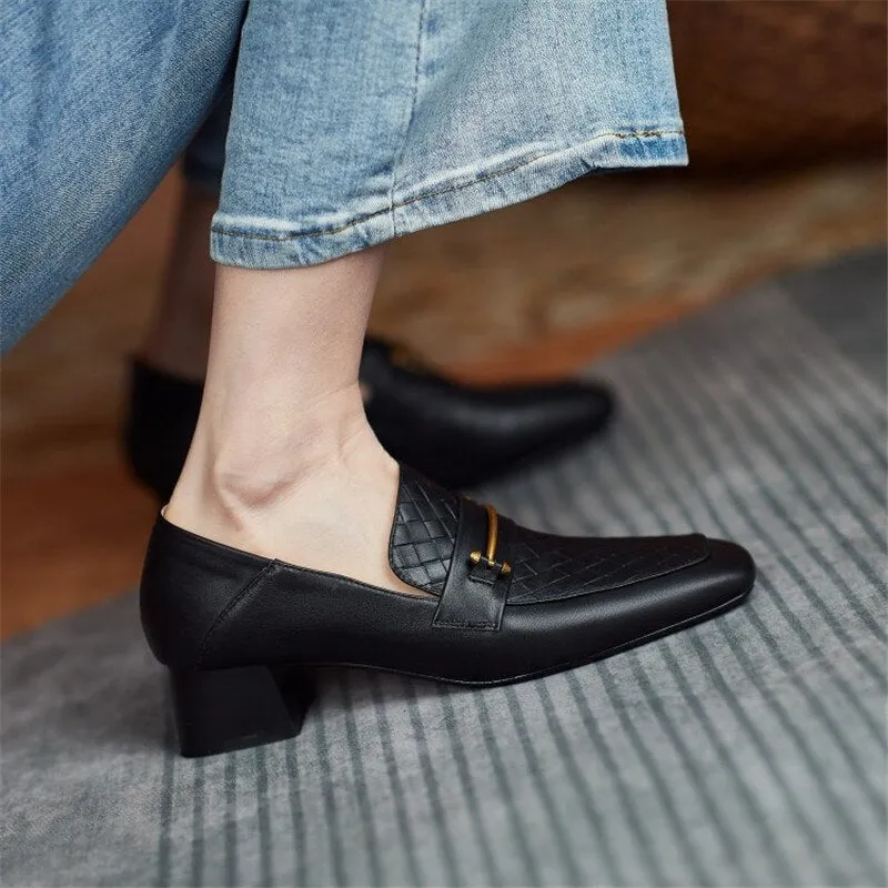Purpdrank - Women Shoes Fashion Genuine Leather Loafers Slip-On Spring/Autumn Women's Flat Shoes Square Toe Thick Heel Handmade Size 34-40