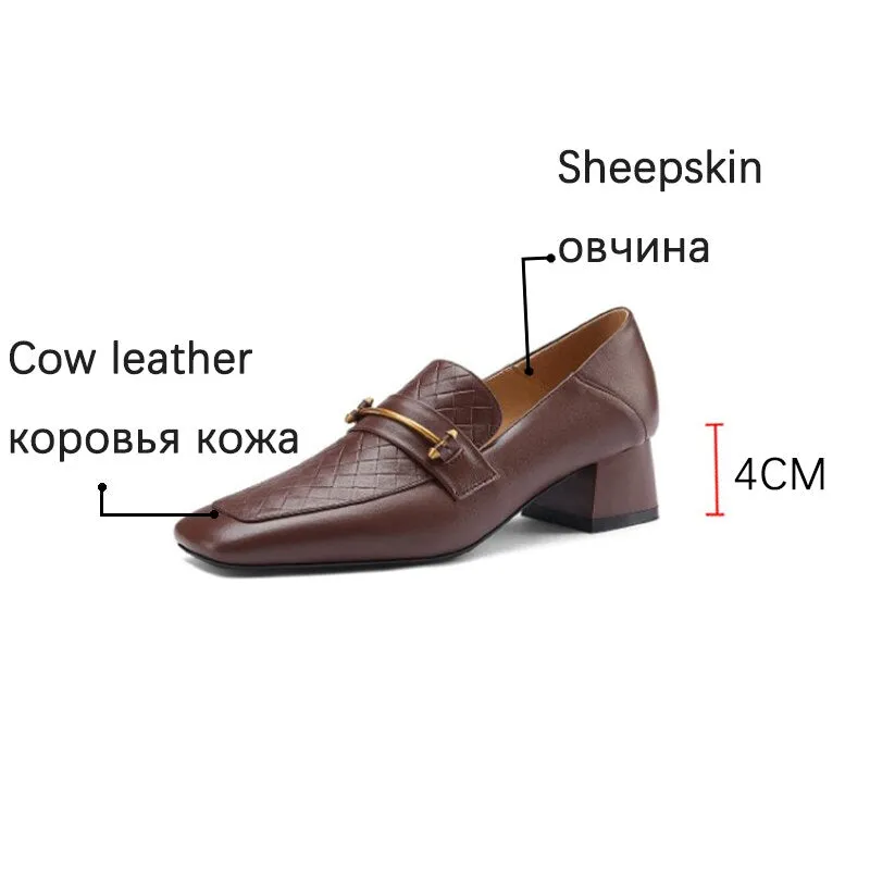 Purpdrank - Women Shoes Fashion Genuine Leather Loafers Slip-On Spring/Autumn Women's Flat Shoes Square Toe Thick Heel Handmade Size 34-40