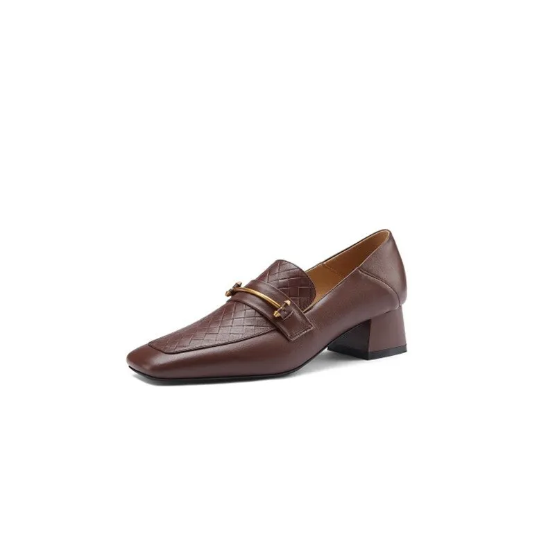 Purpdrank - Women Shoes Fashion Genuine Leather Loafers Slip-On Spring/Autumn Women's Flat Shoes Square Toe Thick Heel Handmade Size 34-40