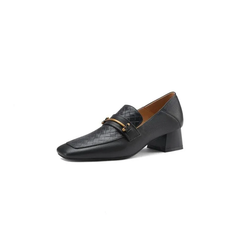 Purpdrank - Women Shoes Fashion Genuine Leather Loafers Slip-On Spring/Autumn Women's Flat Shoes Square Toe Thick Heel Handmade Size 34-40