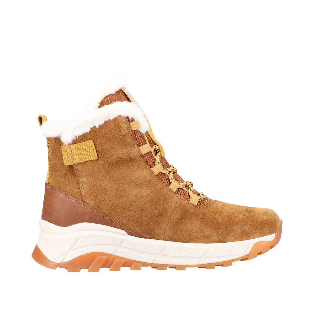 Rieker W0060-22 Ladies Tan Suede Water Resistant Lace Up Ankle Boots