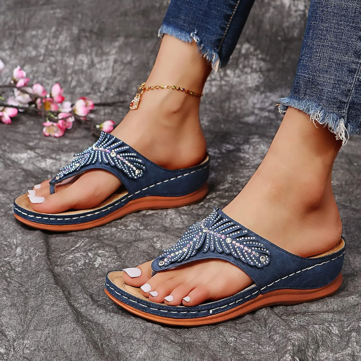 Sandals for Women Dressy Summer Orthopedic Anti-Slip Womens Flip Flops Comfy Pluse Size Womens Classic Flats