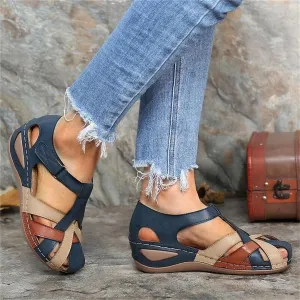 Sandals for Women Dressy,Summer Closed Toe Wedge Shoes Ankle Strap Casual Comfortable & Breathable Outdoor Walking Sandals with Arch Support Anti-Slip Sole Retro Hollow Design