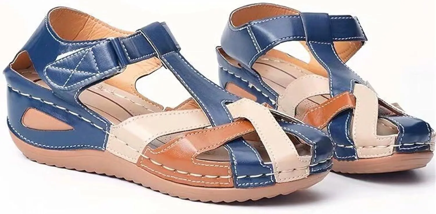 Sandals for Women Dressy,Summer Closed Toe Wedge Shoes Ankle Strap Casual Comfortable & Breathable Outdoor Walking Sandals with Arch Support Anti-Slip Sole Retro Hollow Design
