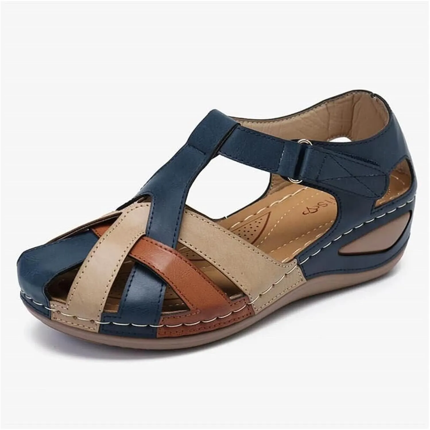 Sandals for Women Dressy,Summer Closed Toe Wedge Shoes Ankle Strap Casual Comfortable & Breathable Outdoor Walking Sandals with Arch Support Anti-Slip Sole Retro Hollow Design