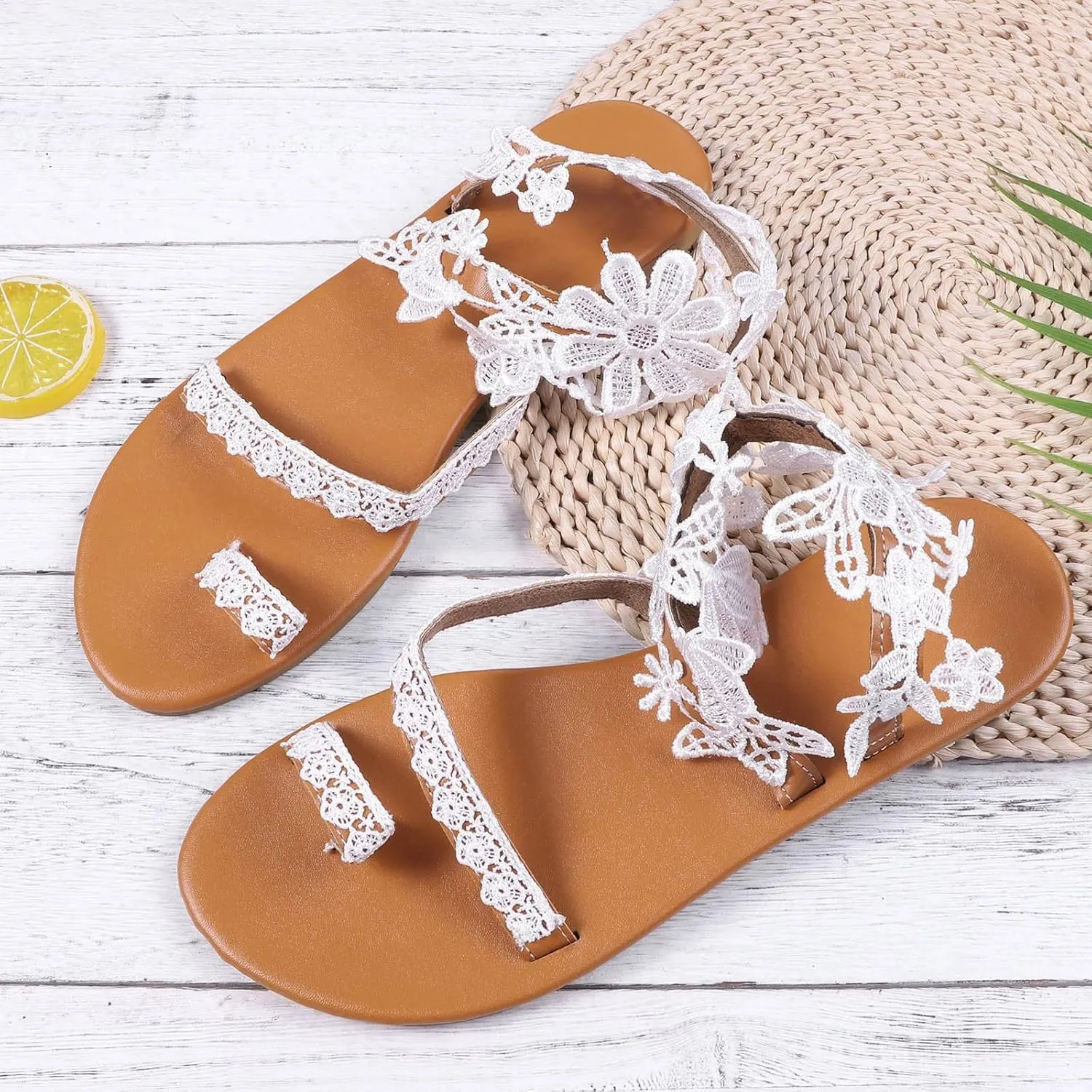 Sandals Women Lace Straps Elegant Open Toe Womens Sandals Dressy Summer Beach Womens Flat Dress Shoes White