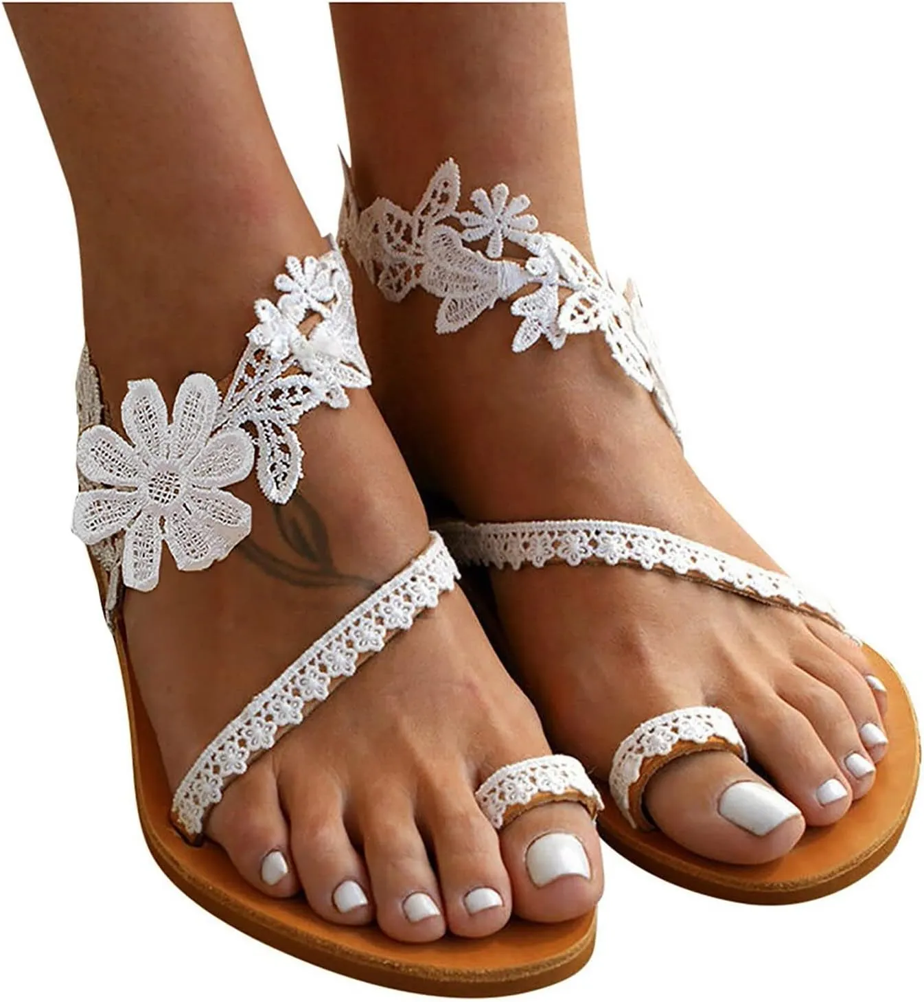 Sandals Women Lace Straps Elegant Open Toe Womens Sandals Dressy Summer Beach Womens Flat Dress Shoes White
