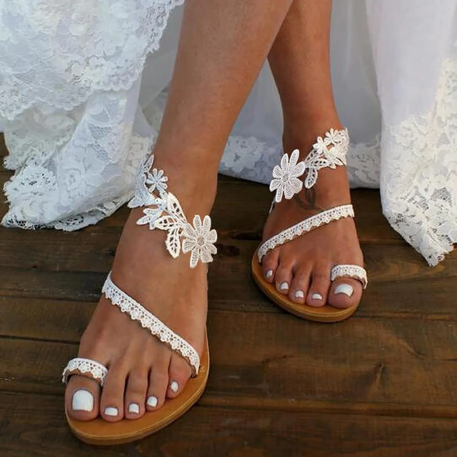 Sandals Women Lace Straps Elegant Open Toe Womens Sandals Dressy Summer Beach Womens Flat Dress Shoes White
