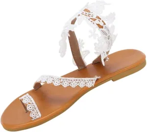 Sandals Women Lace Straps Elegant Open Toe Womens Sandals Dressy Summer Beach Womens Flat Dress Shoes White