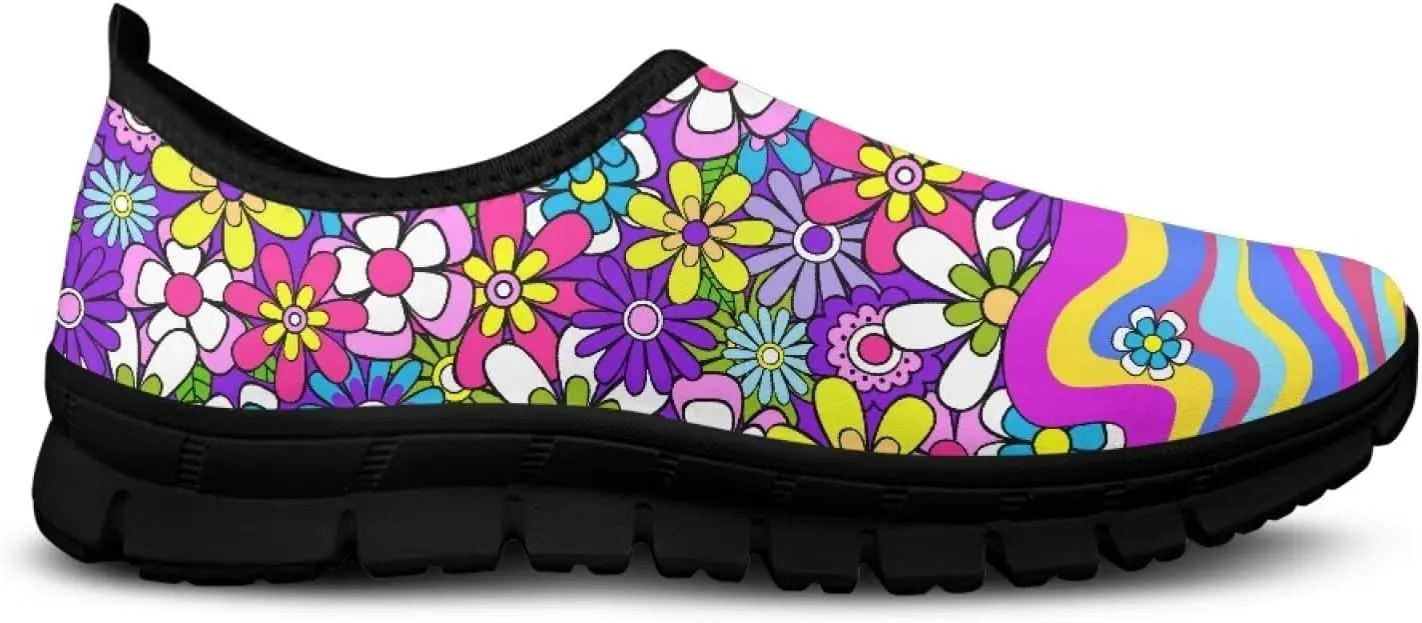 Slip on Loafers for Women Hippie Retro Floral Design Breathable Walking Sneakers Sport Shoes Anti-Slip Sole